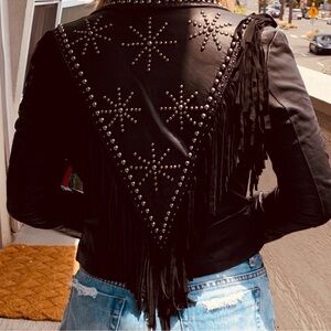 FABULOUS extremely rare Cleobella fringed studded lamb skin leather jacket